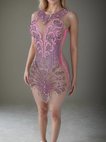 Dazzling Elegance - Sparkly Beaded Pink Short Prom Dress for Birthday's