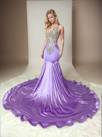 Elegant Enchantment - Silver Tassels Crystal Beaded Purple Prom Dresses