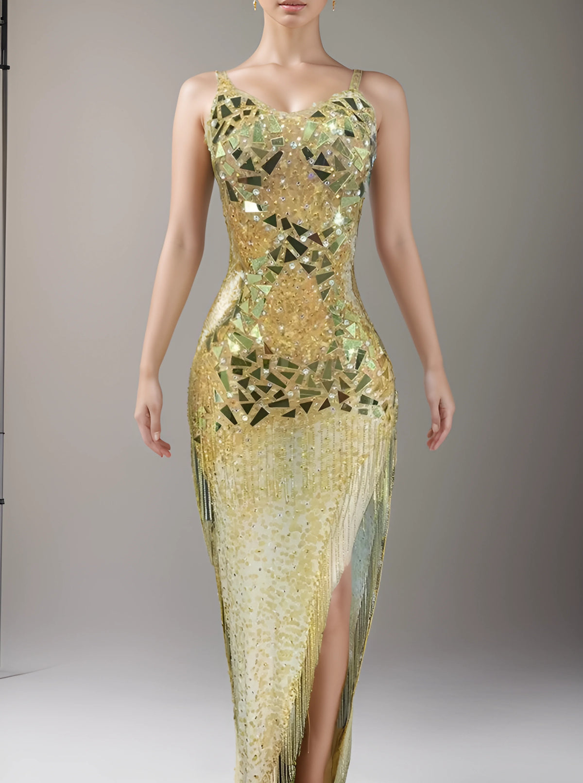 Golden Sequins & Rhinestones Mesh Long Dress - Sexy Performance & Party Outfit