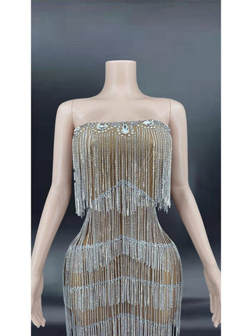 Silver Rhinestone Fringe Tube Dress - Perfect for Evening, Prom, and Birthday Parties