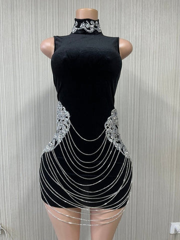 Black Velvet Rhinestone Chain Dress - Ideal for Evening Parties, Stage Performances, and Entertainers