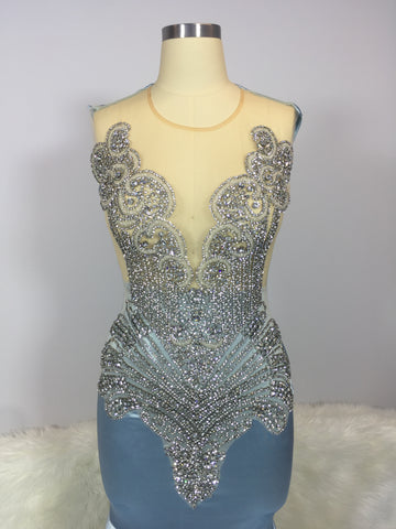 Sapphire Elegance - Sheer Neckline, Crystal Tassel Mermaid Prom Evening Dress