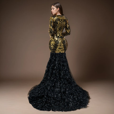 Luxury Black V-Neck Mermaid Evening Gown with 3D Lace, Sequins, and Long Sleeves for Women - Perfect for Special Occasions