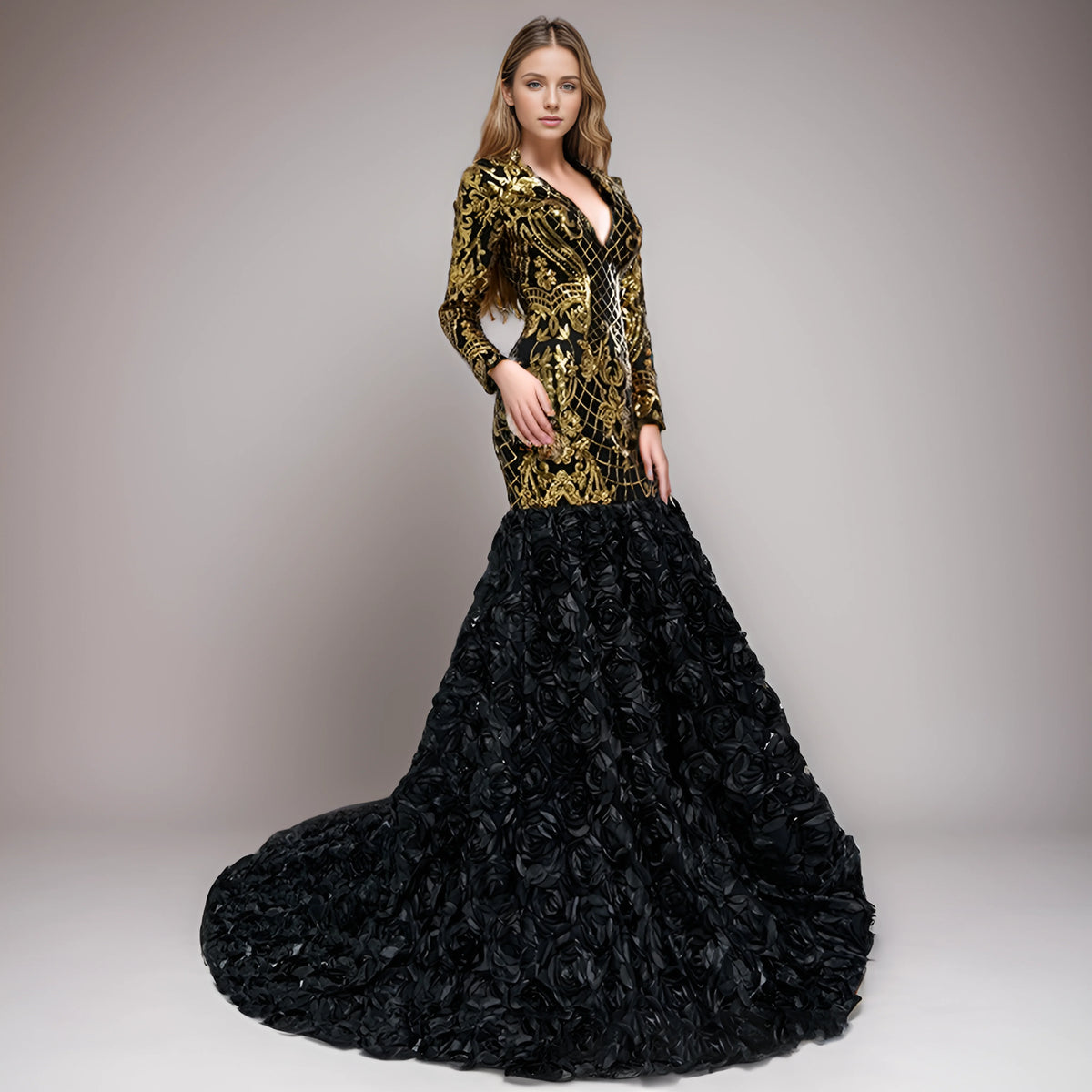 Luxury Black V-Neck Mermaid Evening Gown with 3D Lace, Sequins, and Long Sleeves for Women - Perfect for Special Occasions