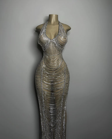 Silver Cascade - Tassel Rhinestone Birthday Glam with Glitter Appliqué Full Dress
