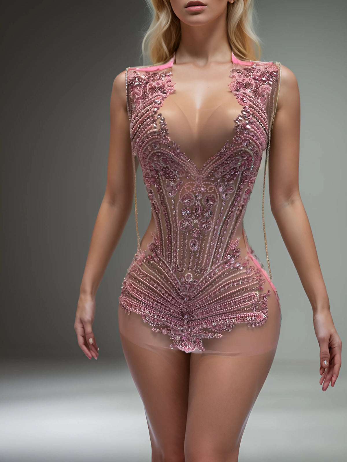 Sensual Splendor - Pink Crystals, Feathers in Sexy Sheer Cocktail Gowns