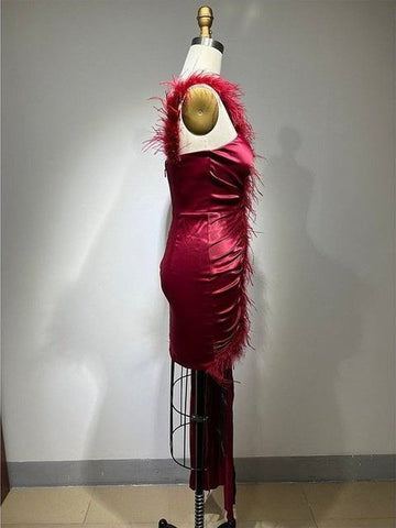 Red One-Shoulder Feather Mini Dress - Luxury Evening Glamour for Women