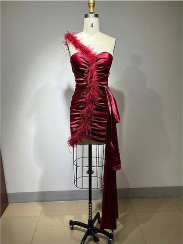 Red One-Shoulder Feather Mini Dress - Luxury Evening Glamour for Women