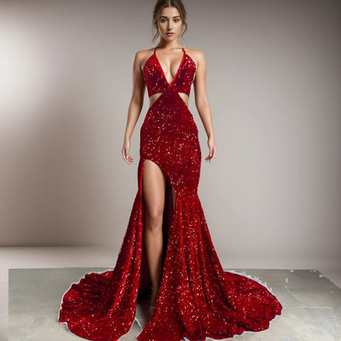 Red Sequin Mermaid Prom Gown - Sexy High Slit Halter Style