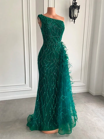 Green Tulle Beaded Evening Gown - One-Shoulder Mermaid Style