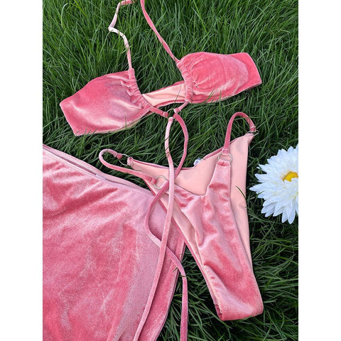Sexy 3-Piece Swimsuit Set for Women - Thong Swimwear, Bandage Bathing Suit, Rings Push-Up