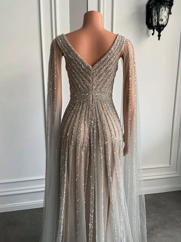 Evening Gown - Beaded V-Neck and Champagne Glamour