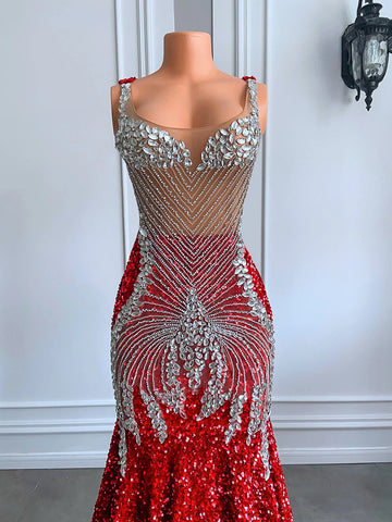 Red Prom Dress - Sparkling Silver Diamond Crystals, Mermaid Style