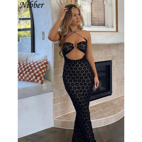 Trendy Solid Color Maxi Dress with Sexy Hollow Neckline