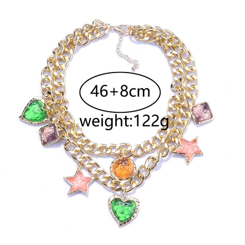 Vintage ZA Heart Star Choker Necklace - Golden Metal Chains with Charms for Women