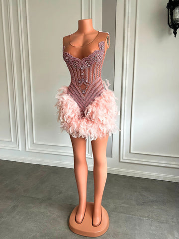 Luxury Beaded Pink Feather Short Prom Dress - Elegance
