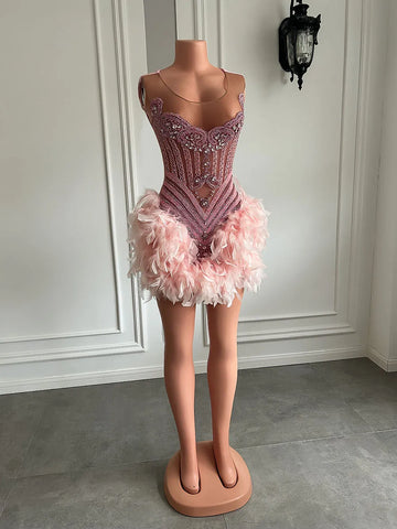 Luxury Beaded Pink Feather Short Prom Dress - Elegance