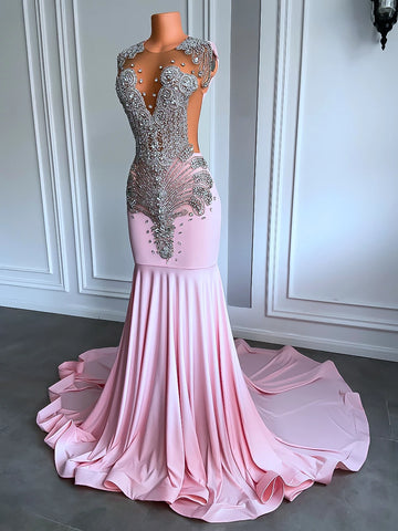 Pink Prom Dress - Sheer Mesh Top, Sparkly Silver Diamonds