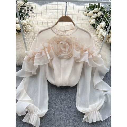 Ruffle Chiffon Blouse for Summer - Lantern Sleeve, Slim Fit, Loose Style - Vacation & Casual Fashion for Women