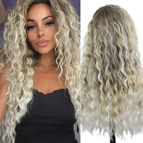Ash Blonde Long Curly Synthetic Wig - Natural Wavy, Dark Root, 80s Brown Ombre for Women and Girls