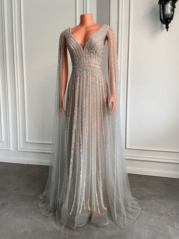 Evening Gown - Beaded V-Neck and Champagne Glamour