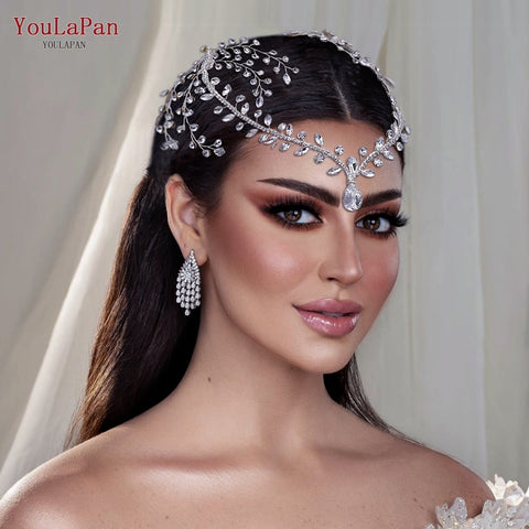 Rhinestone Bridal Forehead Headband with Combs - Wedding Tiara