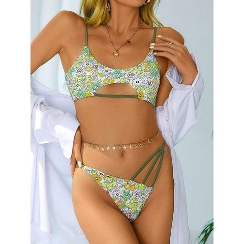 Floral Print Green Ribbed Bikini Set - Sexy Cut Out Swimwear