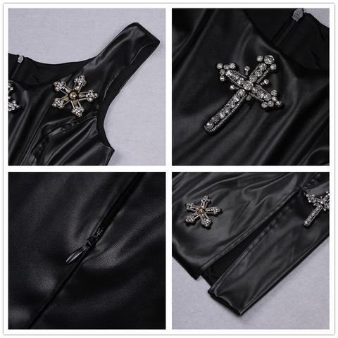 High-Quality PU Leather Diamond Bodycon Mini Dress - Spring-Summer Fashion