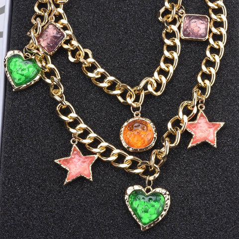 Vintage ZA Heart Star Choker Necklace - Golden Metal Chains with Charms for Women