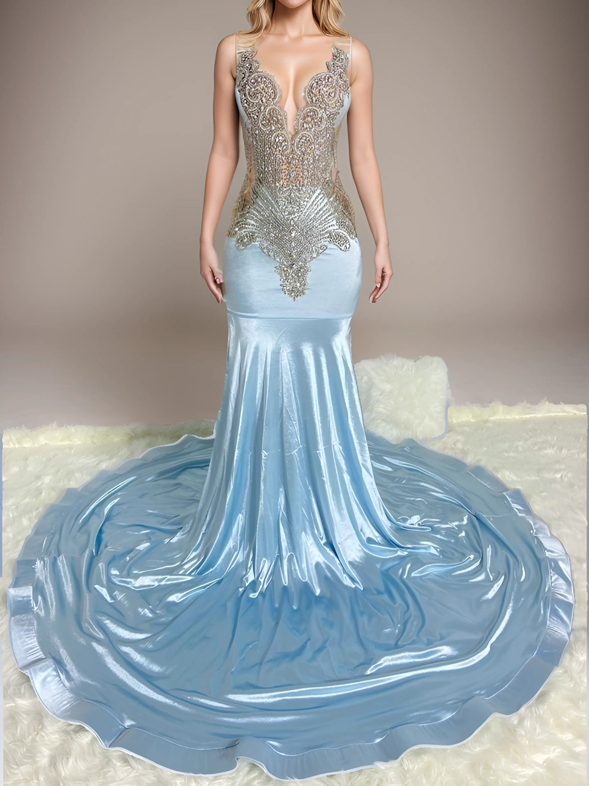 Sapphire Elegance - Sheer Neckline, Crystal Tassel Mermaid Prom Evening Dress