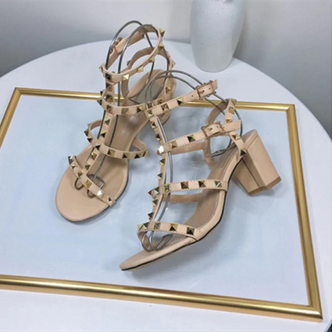 Gold-Studded Ankle Wrap Sandals - Women's Statement Style