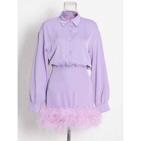 Long Sleeve Mini Dress: High Waist Feathers & Solid Color - Spring Style