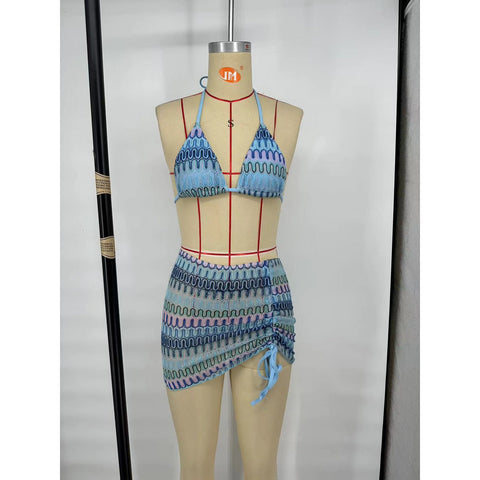 3-Piece Knit Bikini with Skirt - Push-Up Swimsuit Beachwear