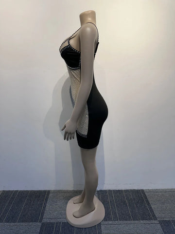 Sexy Rhinestone Sheer Mesh Bodycon Mini Dress for Women