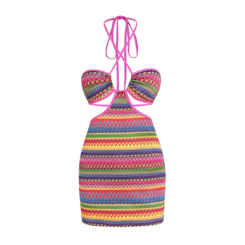 Colorful Zig Zag Cut Out - Backless Dress