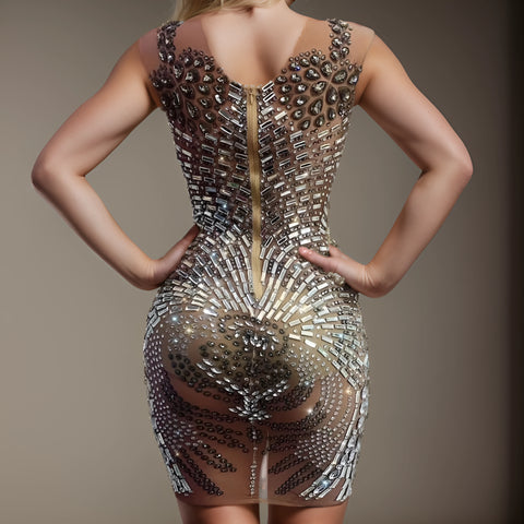 Sequin Rhinestone Mesh Dance Dress for Women - Nightclub & Stage Performance Costume