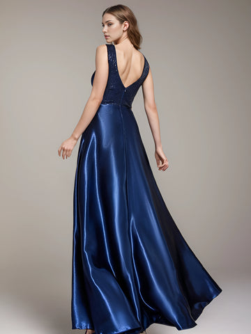 V-Neck Satin Evening Gown - Green & Blue Floor-Length Prom Dress