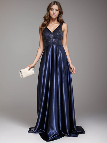V-Neck Satin Evening Gown - Green & Blue Floor-Length Prom Dress