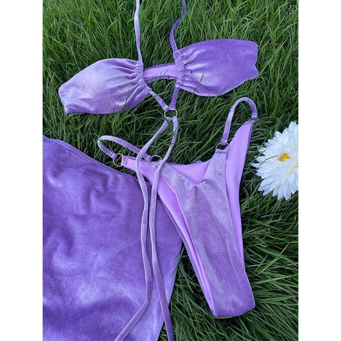 Sexy 3-Piece Swimsuit Set for Women - Thong Swimwear, Bandage Bathing Suit, Rings Push-Up