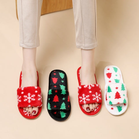 Christmas Tree Home Slippers Fashion Floor Bedroom Open-toe Plush Slippers For Women Fuzzy House Shoes