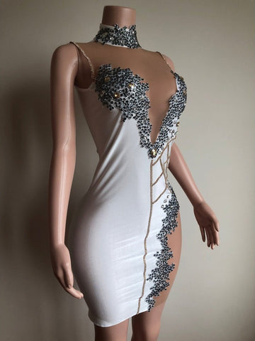 Sparkling Rhinestone Transparent Short Dress - Ideal for Bar Parties, Birthdays, Celebrations, Women Dancers, Singers, and Proms