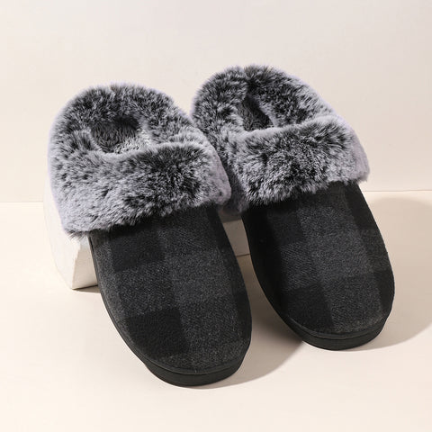 Winter Warm Plaid Plush Slippers Home Indoor Non-slip Bedroom Floor Soft Fuzzy Slipper For Couple Fashion Solid House Shoes