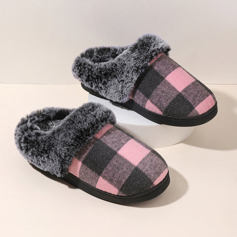 Winter Warm Plaid Plush Slippers Home Indoor Non-slip Bedroom Floor Soft Fuzzy Slipper For Couple Fashion Solid House Shoes