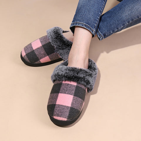 Winter Warm Plaid Plush Slippers Home Indoor Non-slip Bedroom Floor Soft Fuzzy Slipper For Couple Fashion Solid House Shoes