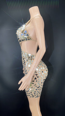Radiant Reflections - Silver Mirrors Mesh Hollow Mini Dress for a Sensational Singer Show Costume or Evening Celebration