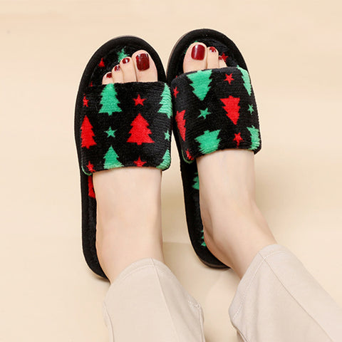 Christmas Tree Home Slippers Fashion Floor Bedroom Open-toe Plush Slippers For Women Fuzzy House Shoes