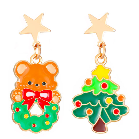 Fashionable Asymmetric Cartoon Dripping Oil Christmas Elk Earrings