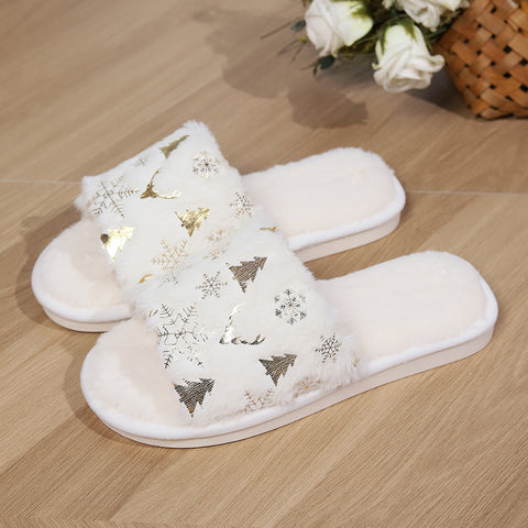 Christmas Plush Slippers Fashion Open-toed Home Slipper Indoor Warm Non-slip Floor Bedroom House Shoes For Couples Women Men