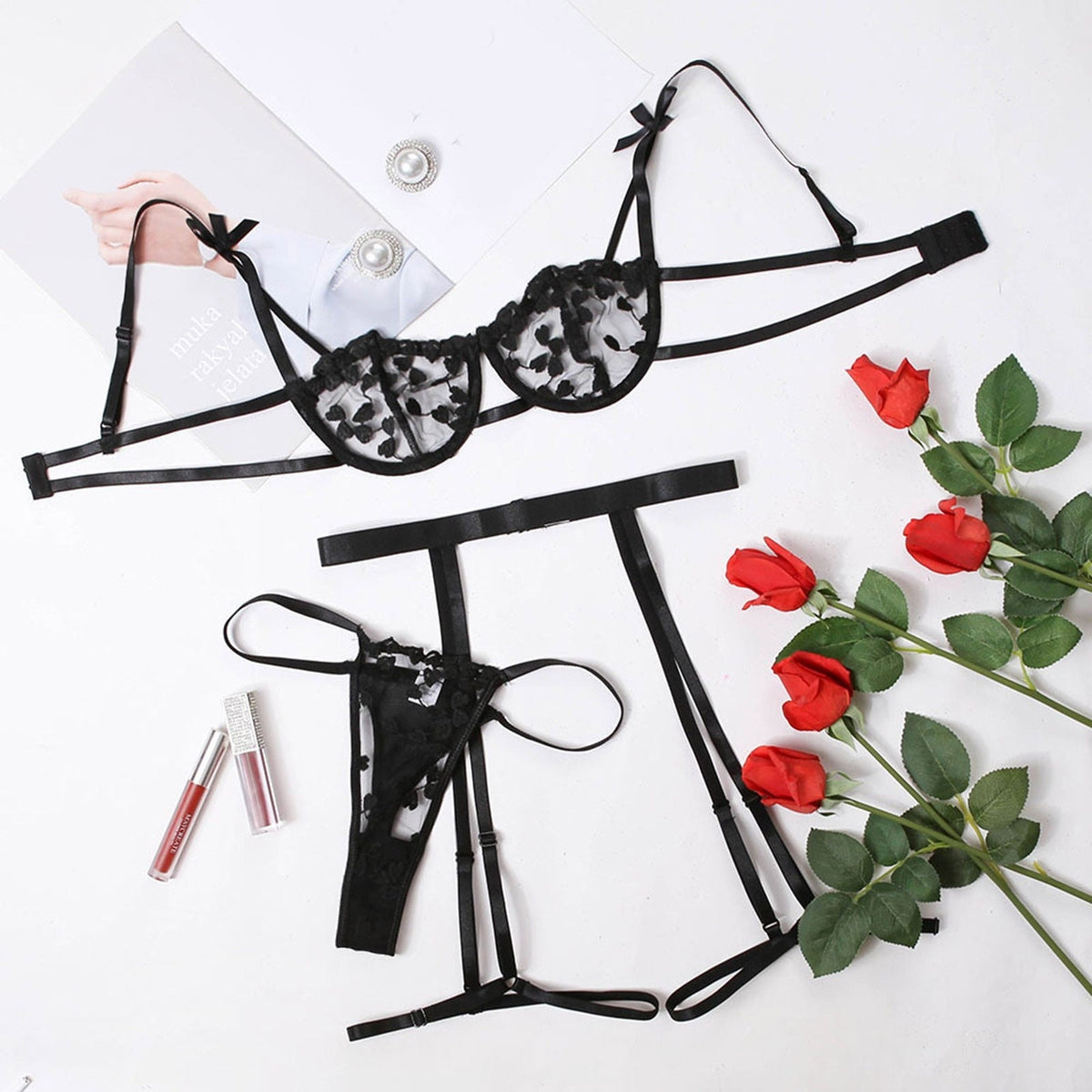 Sexy Black Mesh Lingerie Set with Push-Up Bra and Thong Panties