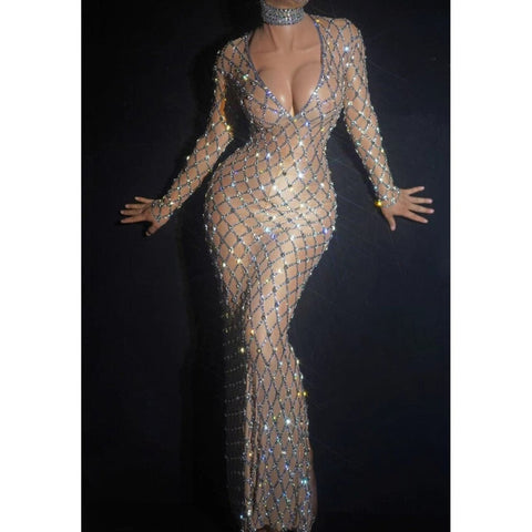 Luxury Silver Rhinestones Crystal Long Dress, Prom Party Dress, Women Birthday Celebration Dress - 28Swim